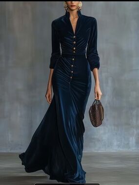 Elegant Navy Velvet Long Sleeve Button-Front Maxi Dress
